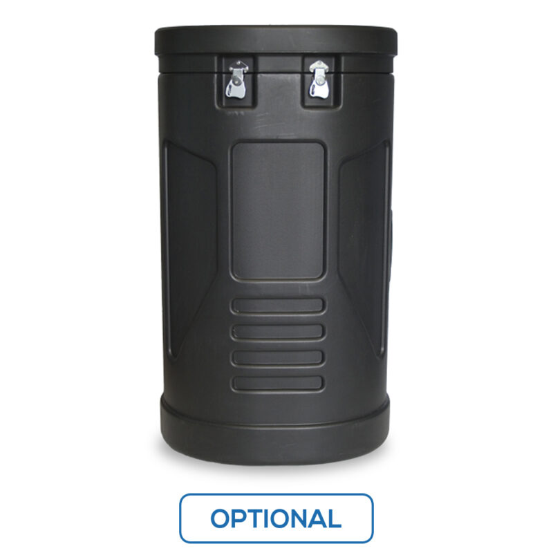 Medium Sized, Hard-sided Plastic Oval-Shaped Shipping Case with Wheels - Closed A Medium Sized, Black Plastic Hard-sided Oval-Shaped Transportation Case with Wheels - Closed
